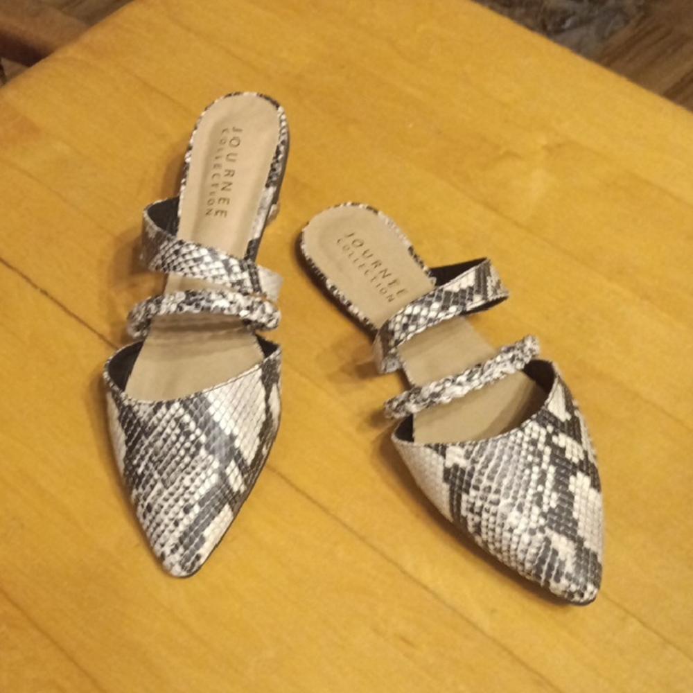 Journee Collection Black and White Mules with Snakeskin Design